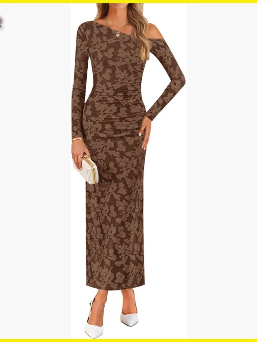 Elegant Floral Off Shoulder Bodycon Maxi Dress Long Sleeve Ruched Cocktail Party